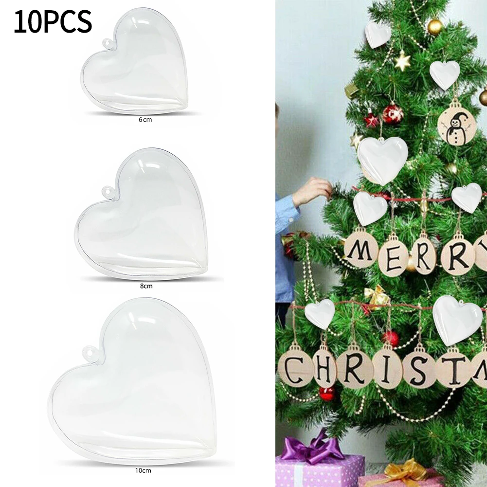 10pc 6/8/10cm Clear Fillable Heart Baubles Christmas Decoration Ball Pendant Wedding Favours Xmas Party Home Hanging Decoration