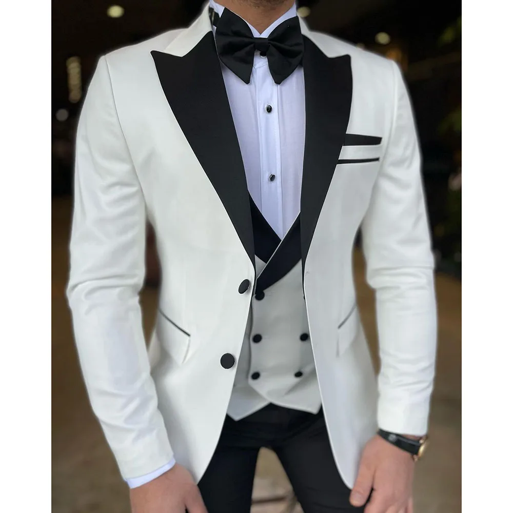 Elegant Wedding Groom Men Suits White Single Breasted Black Peak Lapel Blazer Slim Fit Formal 3 Piece Jacket Pants Vest Sets