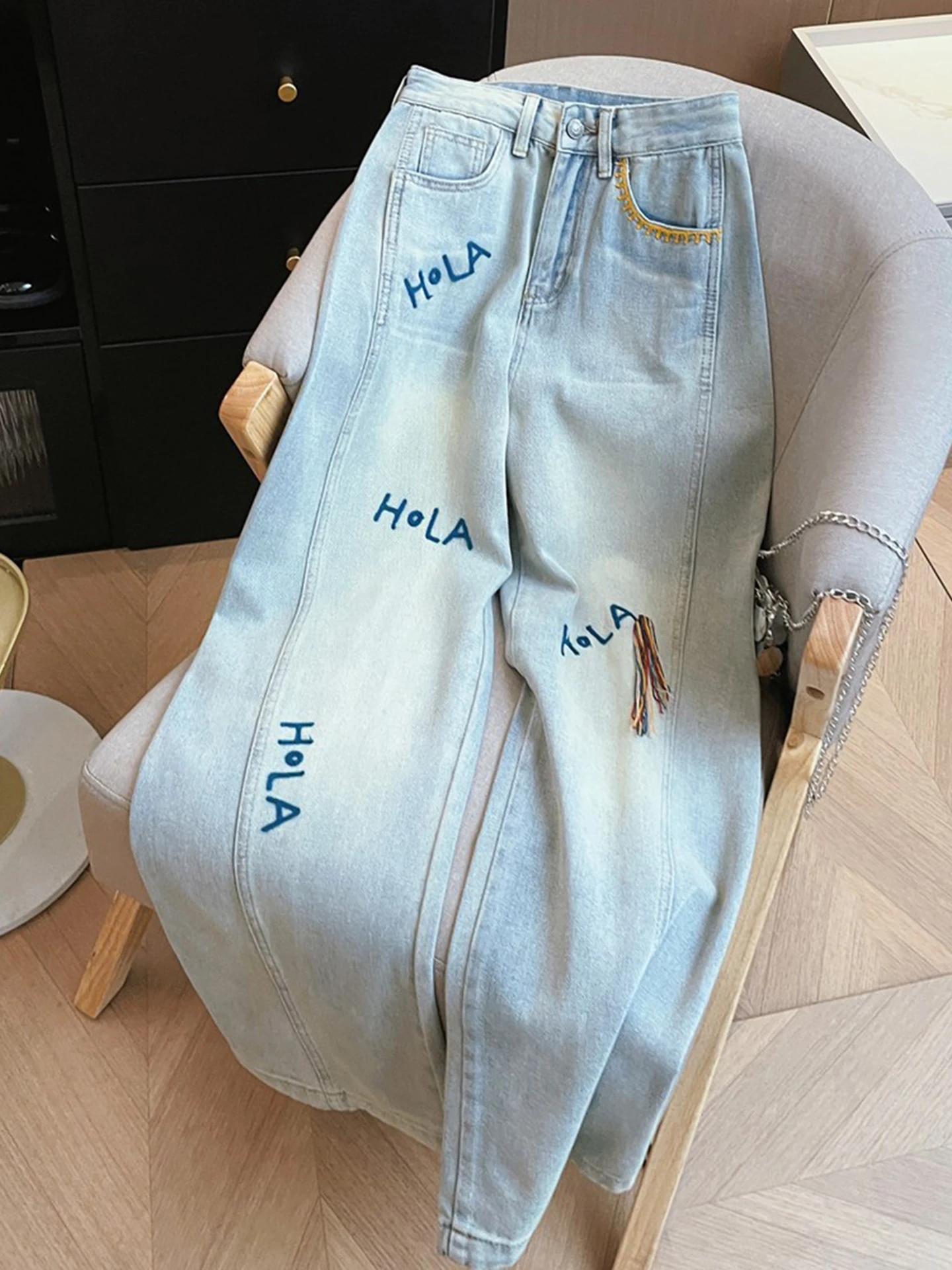 

Extra Large Size American Embroidered Denim Pants High Waist Wide Leg Loose Fit Slimming Long Trousers for plus Size Women