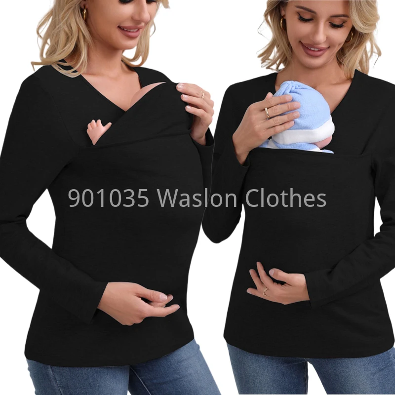 ผู้หญิงแขนยาว T เสื้อ Baby Carrier ความปลอดภัย Kangaroo Pocket การตั้งครรภ์เสื้อผ้าฤดูใบไม้ผลิฤดูหนาวแขนยาวแม่ Top