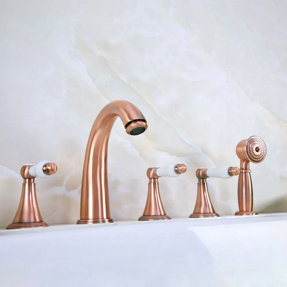 

Antique Red Copper Five Hole Deck Mounted Bathroom Tub Faucet Set with 150CM Handheld Spray Shower Mixer Tap 2tf209