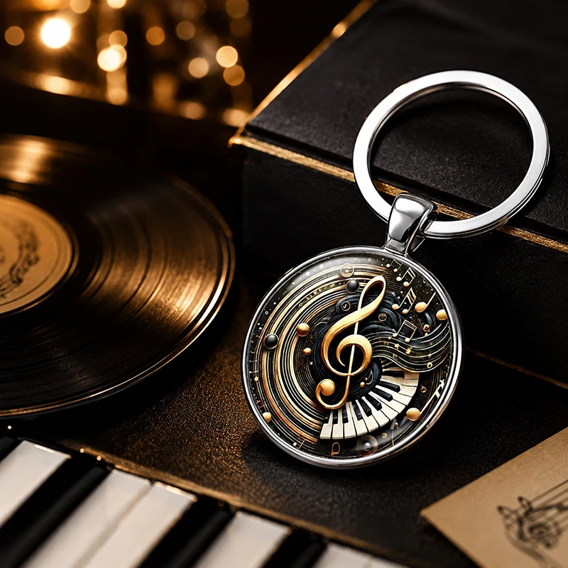 Retro Treble Clef Glass Keychain With Piano Pattern Round Pendant For Music Lovers Teachers Students Men Women Gift Souvenir