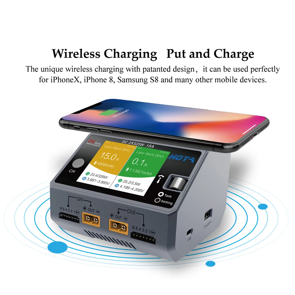 High Power Battery Charger HOTA D6 Dual Channel Smart Phone Radio-Controlled Aircraft Wireless Charger Two In One Charger