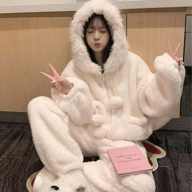 

Girl's Pajamas Hooded Coral Fleece Soft Homewear Thickened Cute Keep Warm Autumn Winter Women's Comfortable Sleepcoat Nightgown