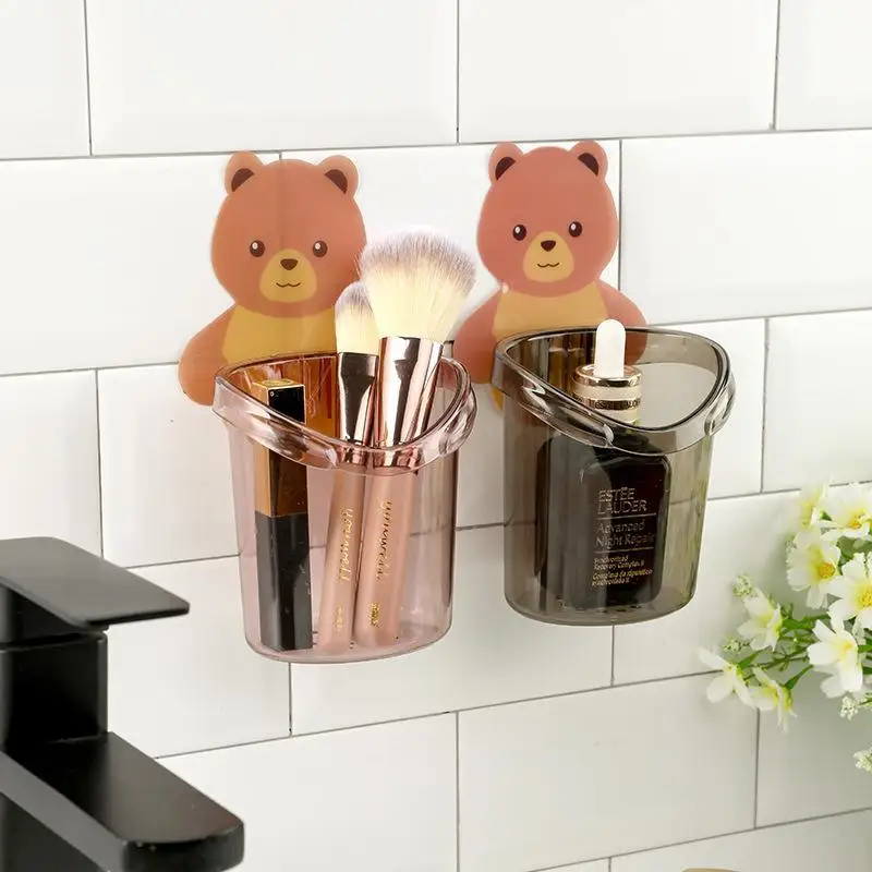 Cute Bear Waterproof Wall Mounted Storage Cups Drill Free Adhesive Organizer for Bathroom Toothbrush & Toothpaste