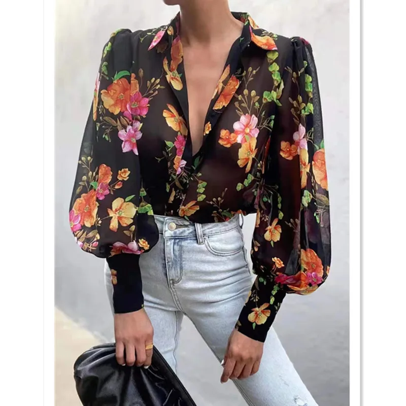 New Casual Loose Chiffon Long Sleeve Floral Leopard Print Shirt for Women Tops Clothes