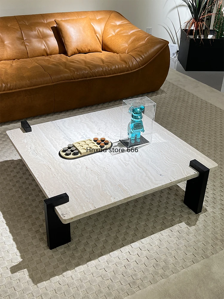 Natural travertine coffee table solid wood square living room home high-end Bulgari marble table