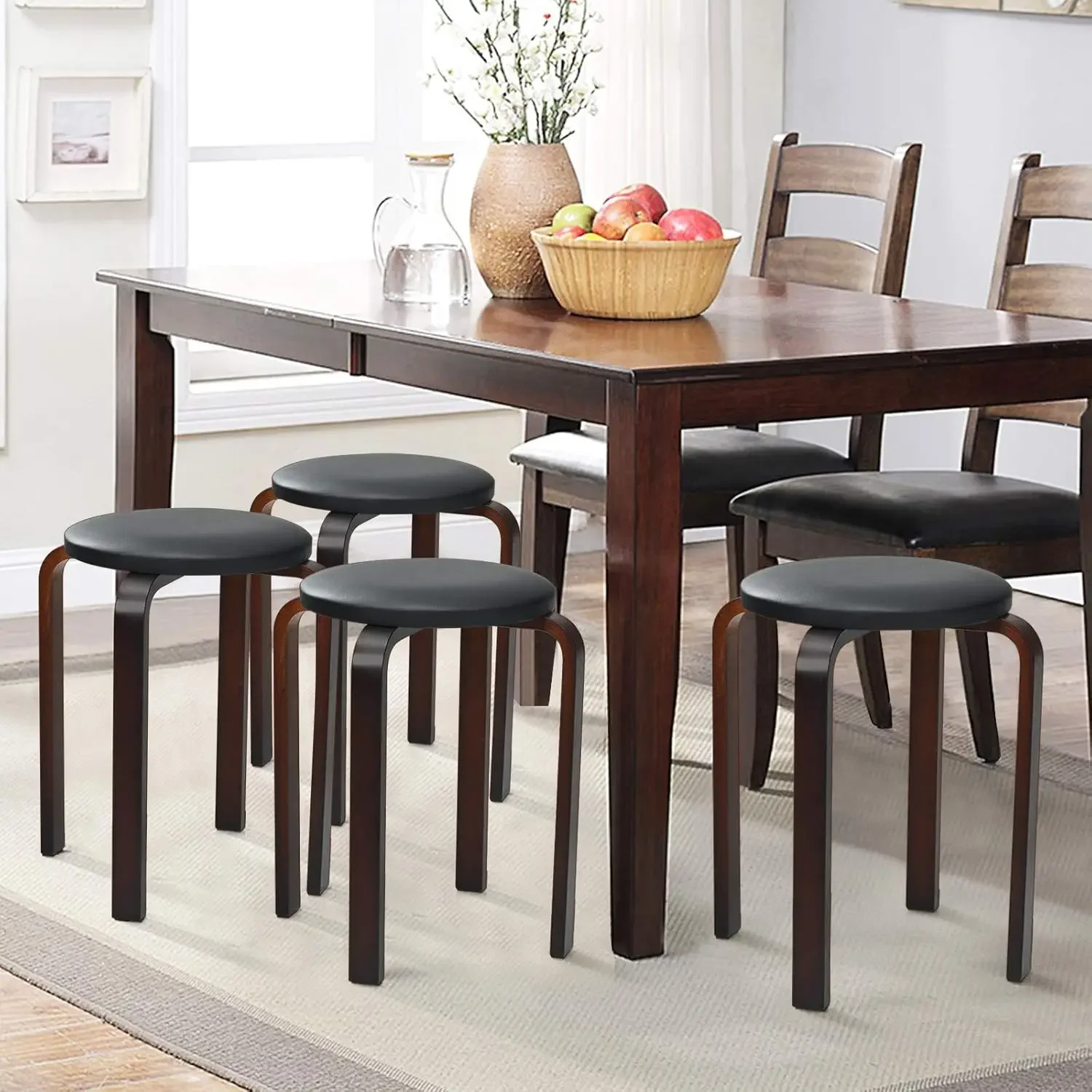 Hysache Set of 4 Bar Stools, 18.5'' Backless Round Stools w/Cushioned Seat & Non-Slip Foot Mats, Stackable Wood Dining Stools