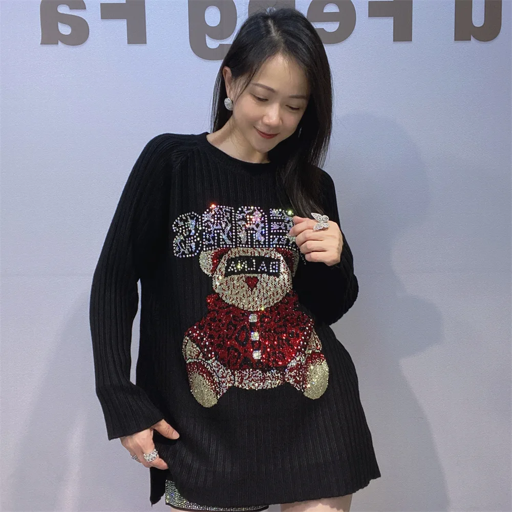 

Women Long Sleeve Sweatshirt for Women Winter Loos Rhinestones Round Neck Top Diamonds Knitwear Loose Sweatshirts