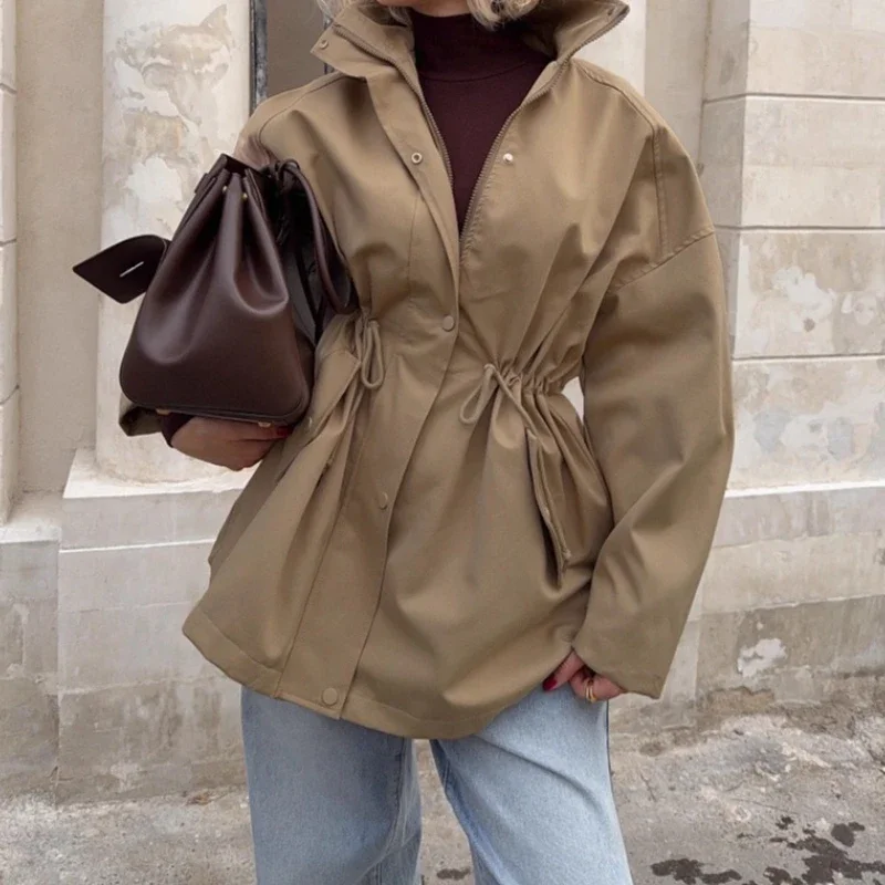 

Stand Collar Lace-Up Trench Jacket Fashion Female Autumn 2025 Commute Long Sleeves Casual Women's High Waist Street Trench Coat
