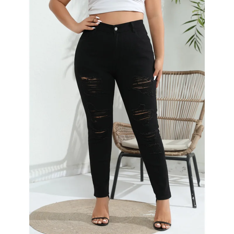 Cross-Border European and American plus Size Fashion Holes Stretch Denim Skinny Pants FatMMPantsTEMUAmazonSHEINSpot Goods