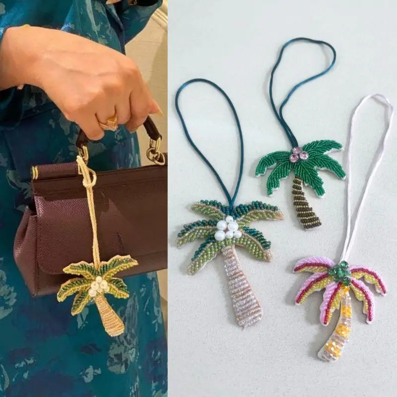 

New Beaded Tropical Palm Tree Pendant DIY Handmade Hanging Ornament Coconut Tree Applique Patch Crystal For Bags Keychain