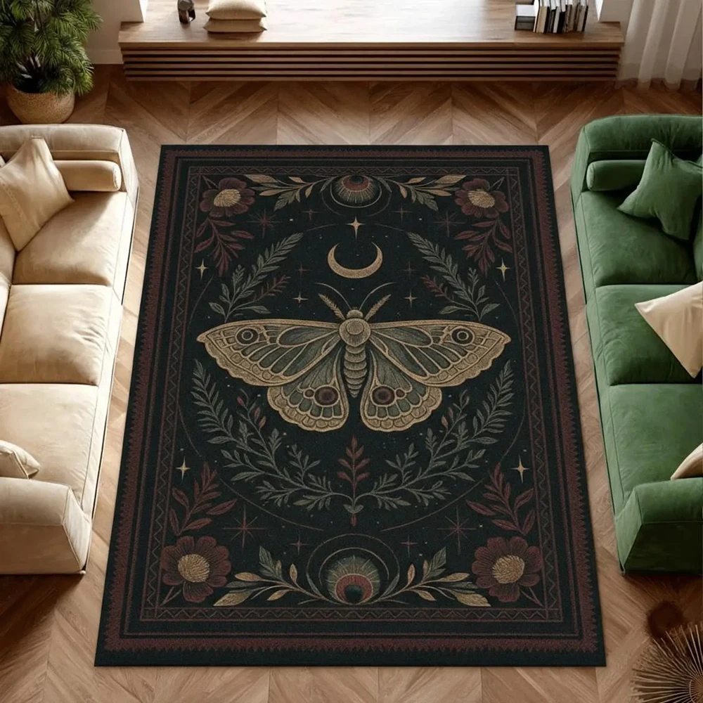 Dark Gothic Moth Print Area Rug, Vintage Occult Moon Floral Floor Mat for Living Room Bedroom Game Room Dorm Home Decor