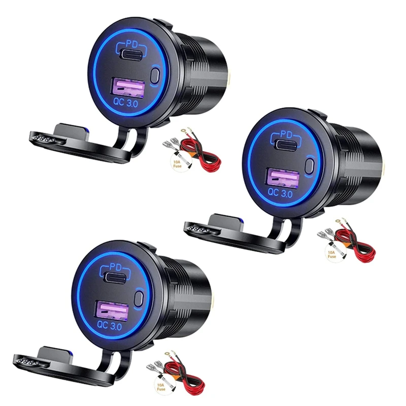 3X PD Type C USB Car Charger And QC 3.0 Quick Charger 12V Power Outlet Socket With ON/Off Switch For Motorcycle RV,Blue