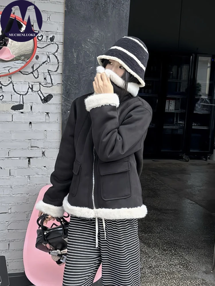 Damski płaszcz futrzany jesienno-zimowy imitacja futra norek kołnierz z futra krótka kurtka moda koreańska luźny krój pogrubiony ciepły płaszcz