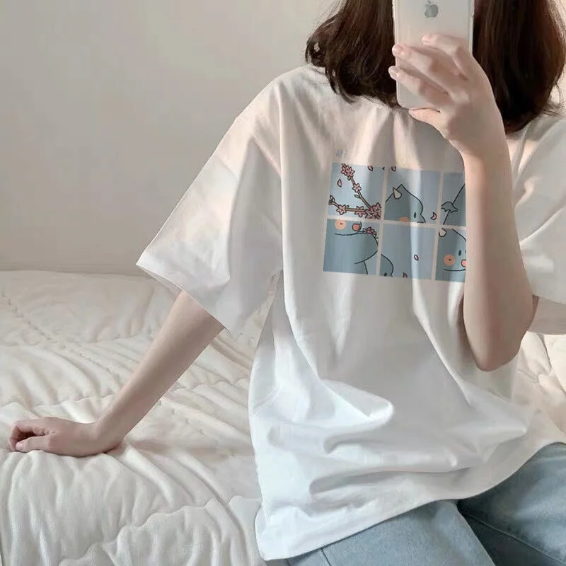 

Женская круглая футболка Ne, летняя свободная хлопковая футболка с мультяшным принтом f Sve, новинка 202, повседневная женская футболка Faion