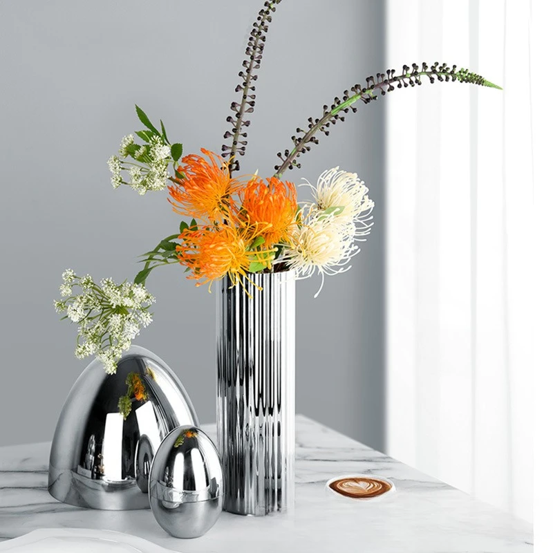 Ornamento de flor de vaso de flores de aço inoxidável, casa sala de estar mesa de café arranjo de flores vaso decorativo simples casa ornam