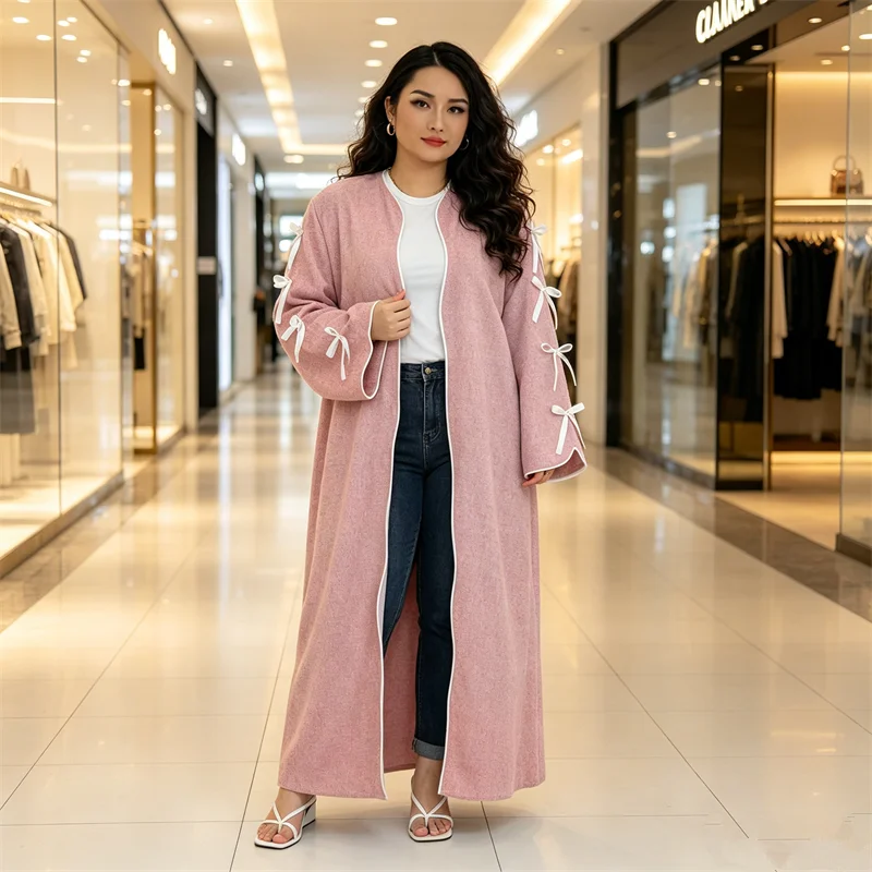 Ramadan Open Abaya Dubai Kaftan Women Muslim Dress Bow Kimono Cardigan Islam Jalabiya Kebaya Arabic Robe Caftan Marocain Vestido