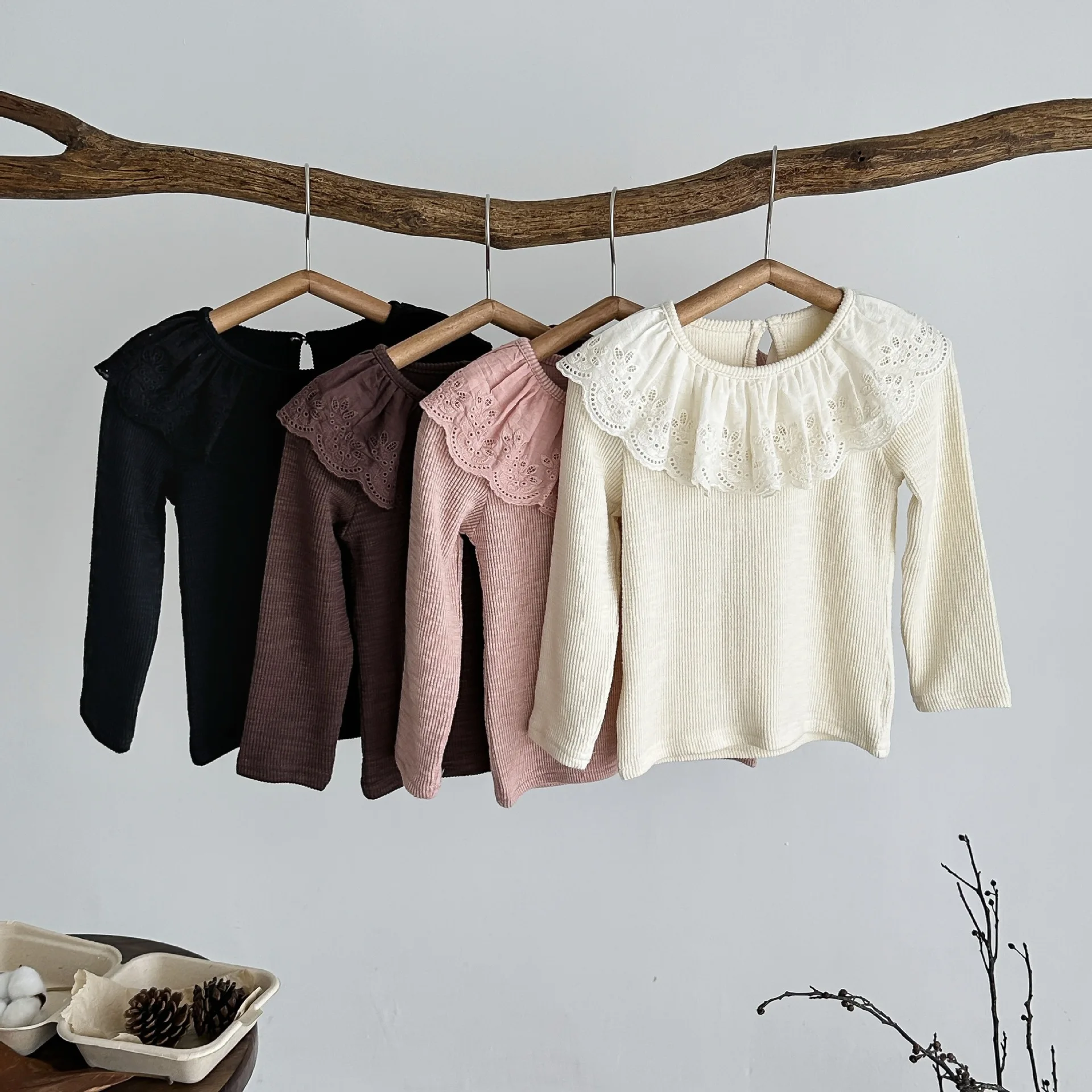 Autumn New Children\'s Long Sleeve T Shirts Girls Lace Collar Bottoming Shirt Solid Color Versatile Cotton Tops