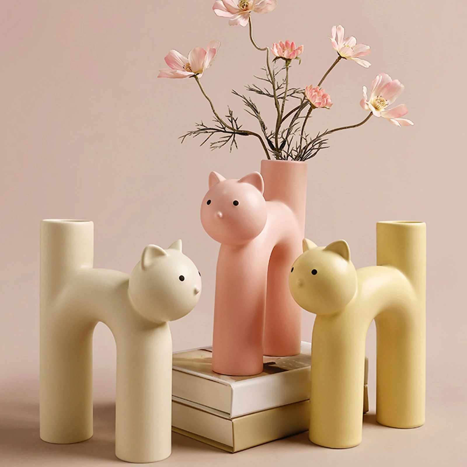 Resin Kitty Bud Vase Table Centerpieces Handmade Artistic Vases Lightweight Unique Gift for Women Home Garden Bookshelf Office