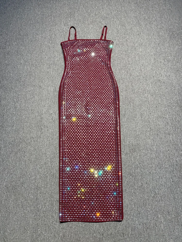 Sukienka maxi VC Women w kolorze burgundowym z cekinami – seksowna sukienka wieczorowa na ramiączkach spaghetti, dopasowana, czerwona sukienka bodycon na koktajl i imprezy, vestidos