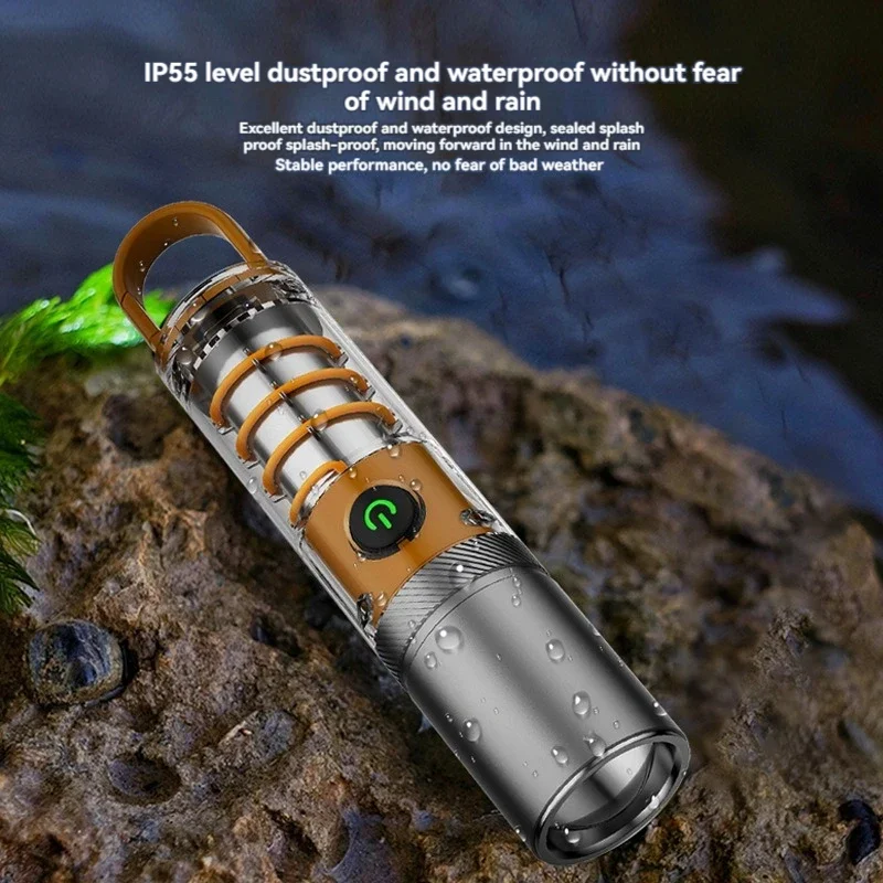 

2 Lighting Strong LED Flashlights Telescopic Zoom Torch Type-C Charging Connector Portable Long-Range Camping Flashlight Mode