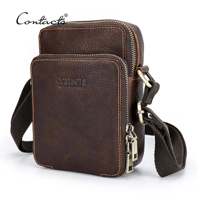 CONTACT\'S Genuine Leather Men Mini Crossbody Messenger Bags Phone Pouch Traveling Casual Small Shoulder Bag  Male Handbag