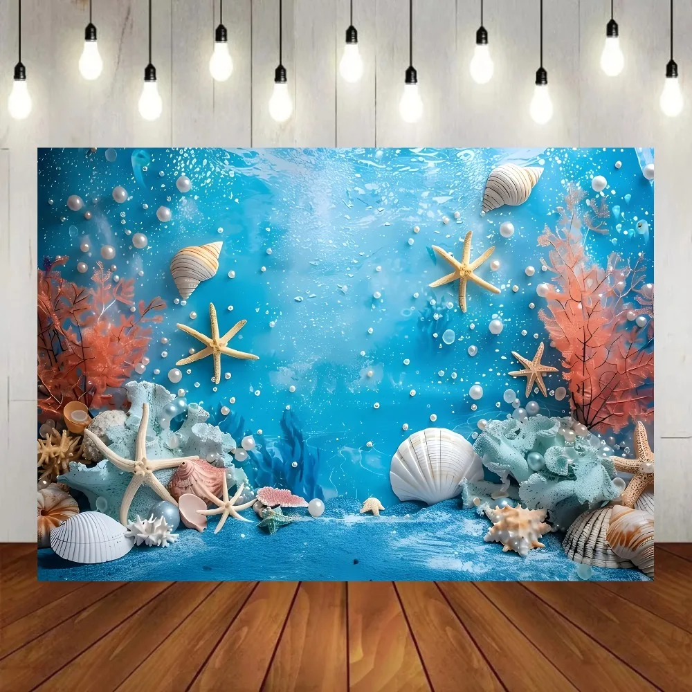 Wunderschöner Hintergrund mit Meeresmotiven, Unterwasser-Segelboot, Perlen und Seesterne, Fotografie-Hintergrund für Familienfeiern und Partys