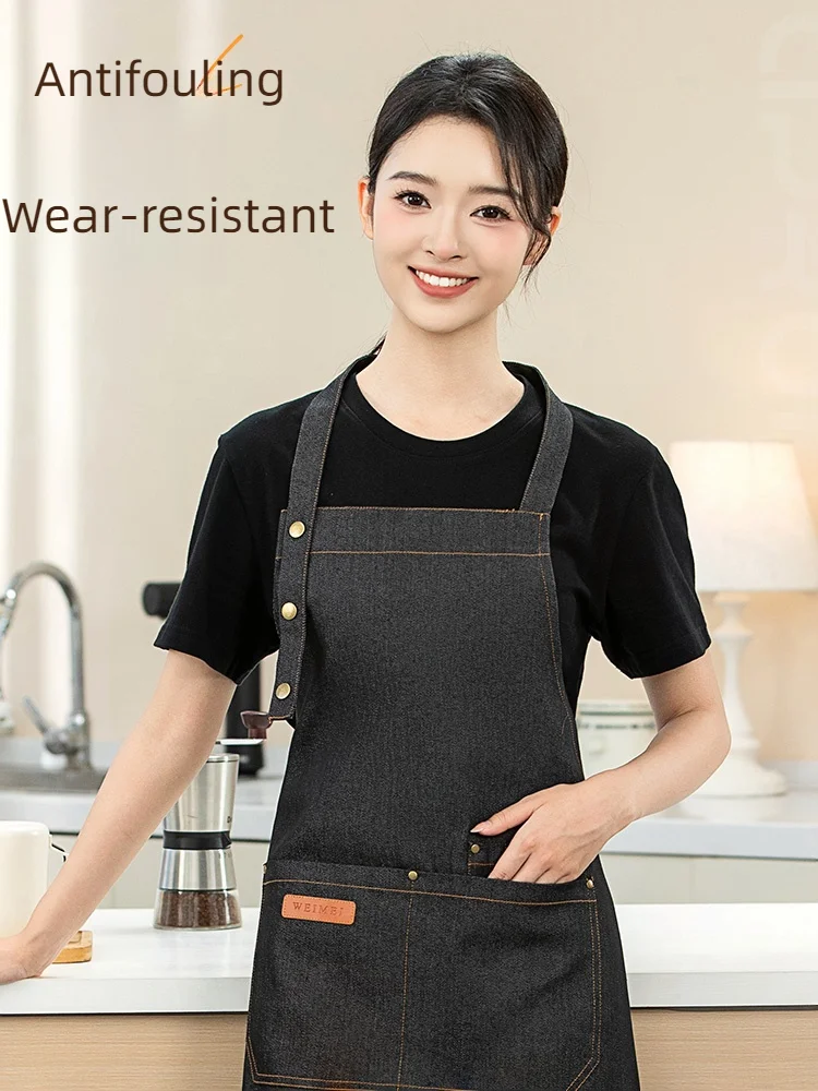 Durable Denim Hanging Neck Chef Apron for Dining West Restaurant Coffee Master Milk Tea Shop Supermarket Staff Uniform
