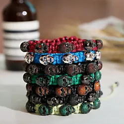 Zircon Skull Hand Braided Bracelet For Men Women Copper Beads Classic Metal Adjustable Handmade Chain Bangle