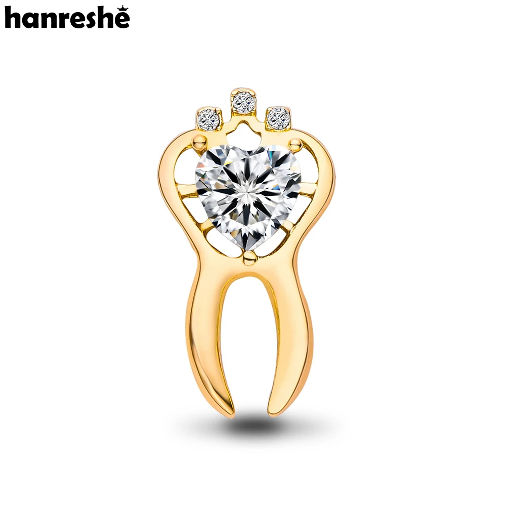 Hanreshe New Design Hollow Tooth Dentist Brooch Inlaid Heart Crystal Badge Dental Lapel Backpack Teeth Pins Jewelry for Doctor