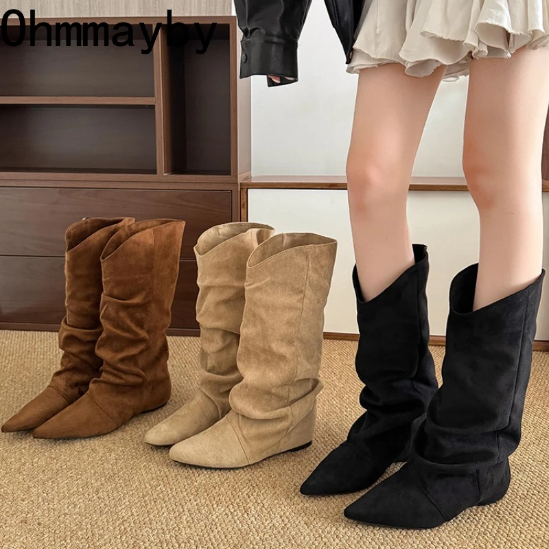 Winter Fashion Pleated Woman Knee-High Boots Pointed Toe Internal Elevation Shoes Street Style Mordern Long Botas Mujer