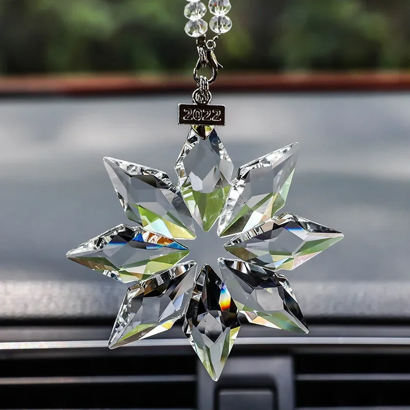 Car Snowflakes Pendant Decoration Colorful Transparent Crystal Hanging Ornaments Car Decor Interior Accessories Christmas Gift