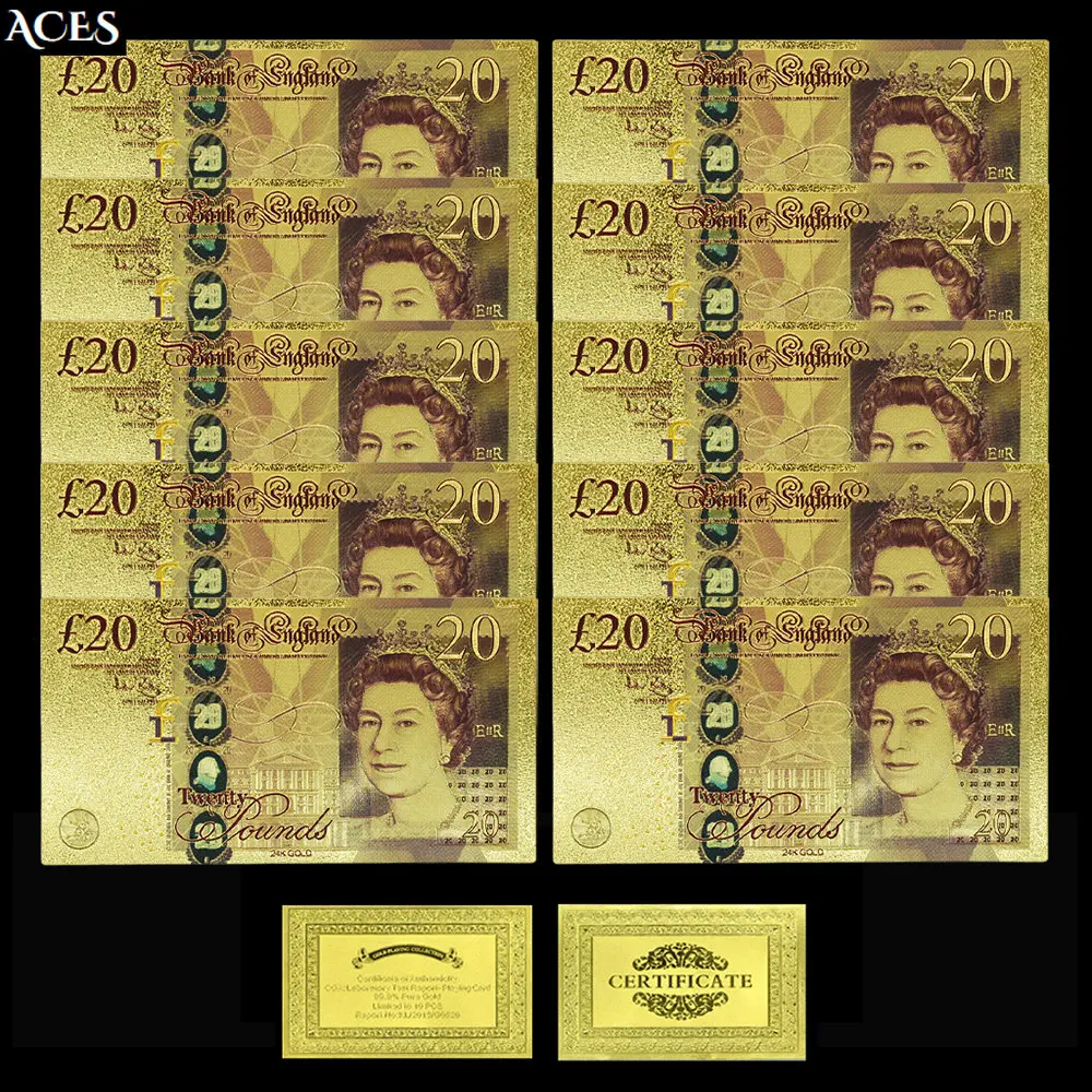 

10pcs 20 Pounds Gold Banknotes 2007 Years The Queen of England and Adam Smith Notes Euro Money Non Circulating Collectibles