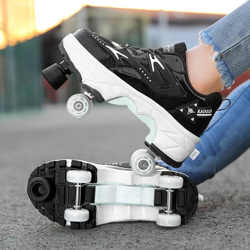 Boys Girls Big Four Wheel Rampage Shoe Lace Brake Roller Skating Shoes with Retractable Wheels Adult Walking Skating Shoe