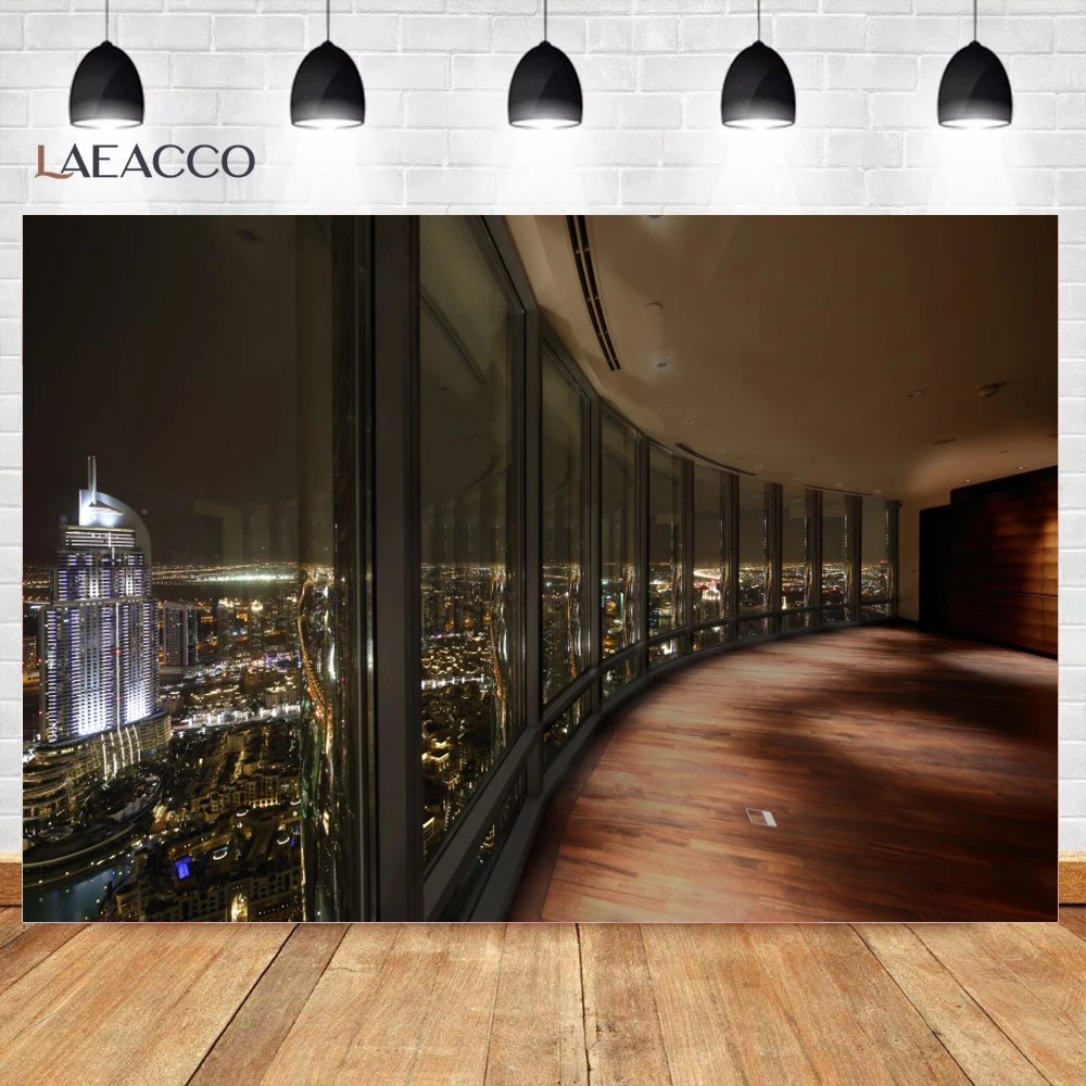 Laeacco Night City View Room Round Corner Modern Living Room Interior Scenic Photography Background Photo Backdrop Photo Studio