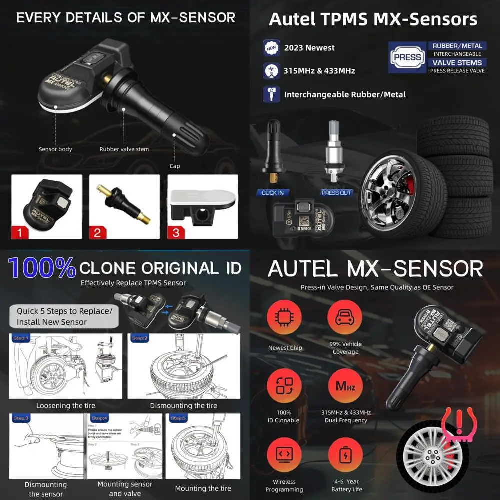 

TPMS Sensors 2in1 MX-Sensor 315Mhz/433Mhz Tire Pressure Sensor, Press-in OE-Level Programmable & Cloneable Wireless TPMS Sensors