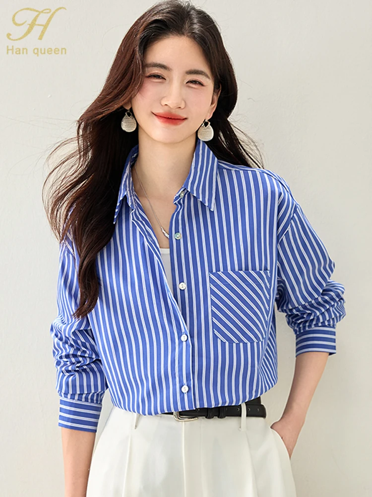 

H Han Queen Autumn Womens Loose Pocket Stripe Casual Vintage Blouses Simple Basic Office Tops Elegant Single-Breasted Work Shirt