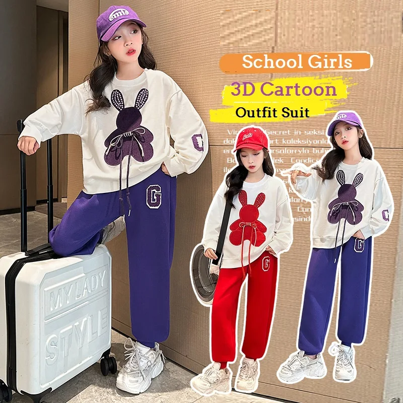 

Spring Autumn Girls Contrast 3D Lace Cartoon Sweatshirt+Sweatpant Set School Kids 2PCS Tracksuit Child Jogger Outfit 5-16 Yrs