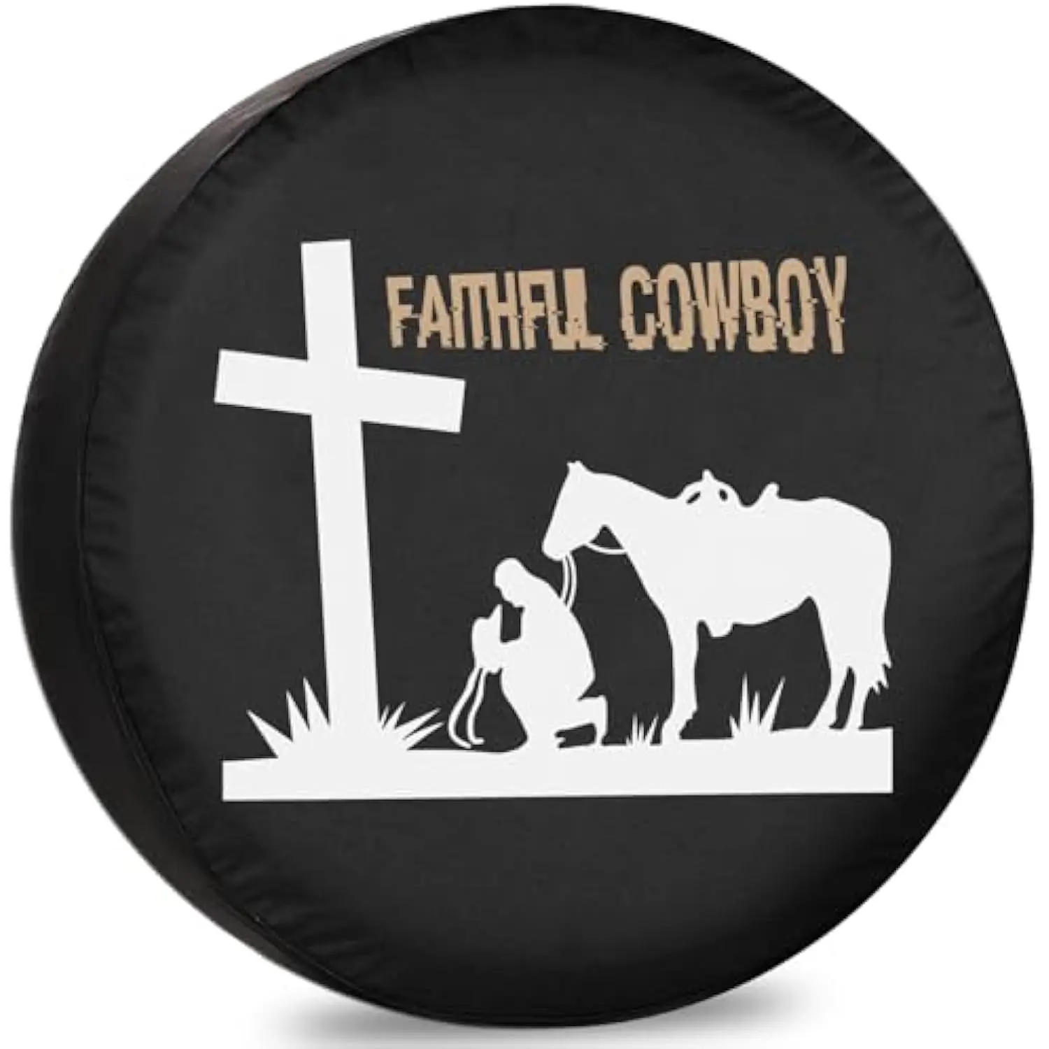 

Faithful Cowboy Kneeling at Cross Spare Tire Cover Weatherproof RV Trailer Accessory