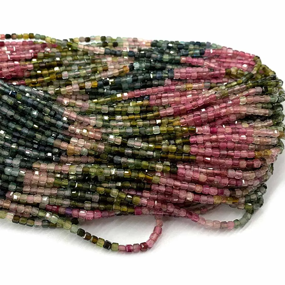 Veemake Natural Multicolour Tourmaline Edge Cube Small Design Loose Beads For Jewelry Making Yellow Green Pink Blue 08538 view 6