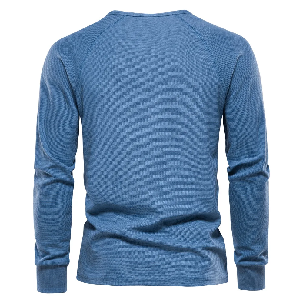 2024 New Spring Long Sleeve T-Shirt for Men Waffle Henley Collar Men's Tops Tee Shirts Solid Color Pullover Mens T Shirt