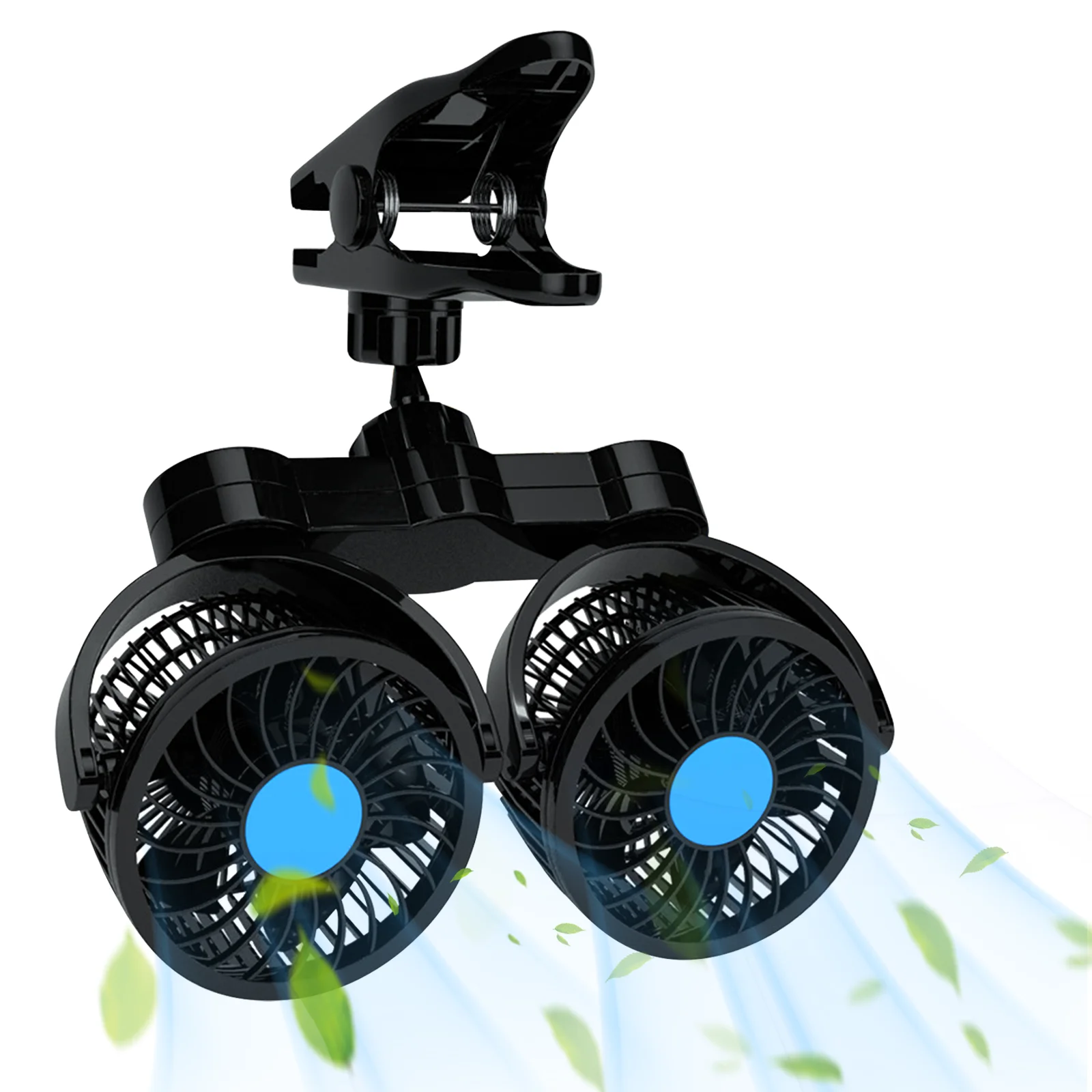 

Dual Head Car Fan 12V 360° Rotation Clip On Fan 2 Speeds 5 Leaves for Car Truck SUV RV Vehicle Dashboard Cooling