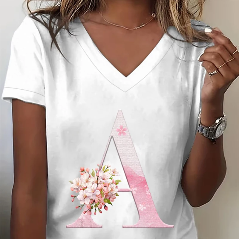 Pink Sakura 26 Alphabet Fashion Casual Tops Women Cherry Blossom Lover V-neck Short Sleeve T-shirt Letter R Floral Gift Clothing