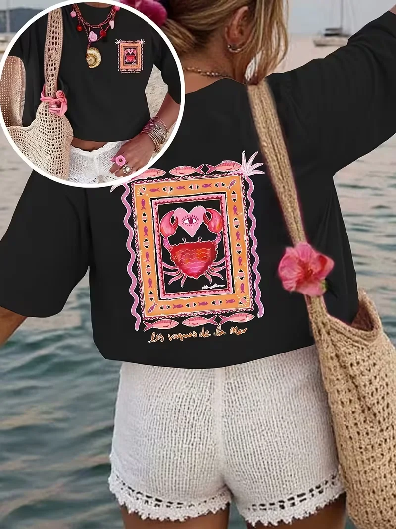 Les Vagues De La Mer Crab Print T-Shirt, Front & Back Design Lady's Tops, Casual Crew Neck Short Sleeve, Coastal Boho Summer Tee
