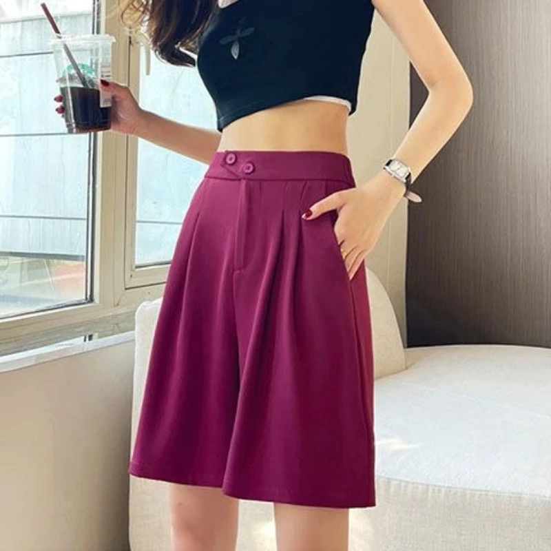 Damskie szorty z wysokim stanem i szerokimi nogawkami, letnia nowa moda, do pracy, na co dzień, jednolite, uniwersalne, wygodne, spodnie do kolan.