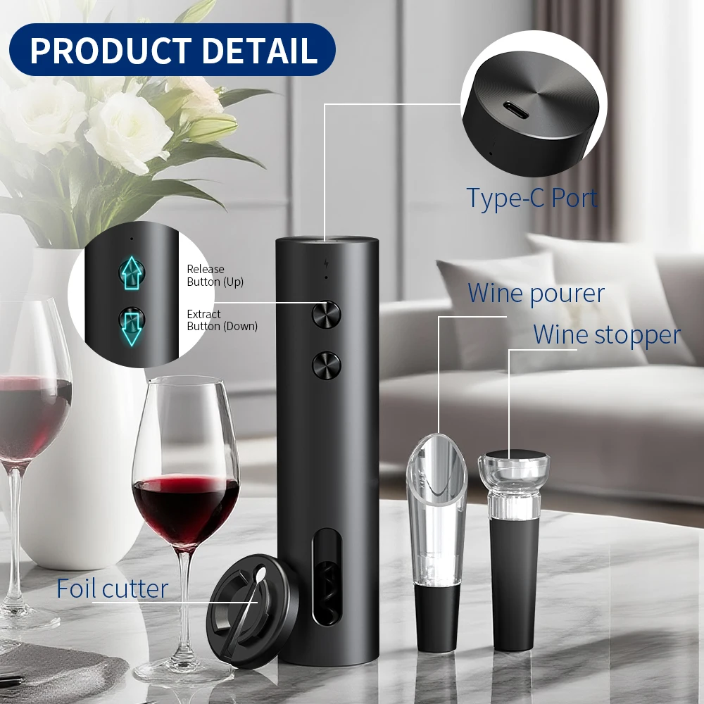 4-in-1 Electric Bottle Wine Opener Set USB Rechargeable Electric Automatic Corkscrew Opener Set Stopper, Pourer view 3