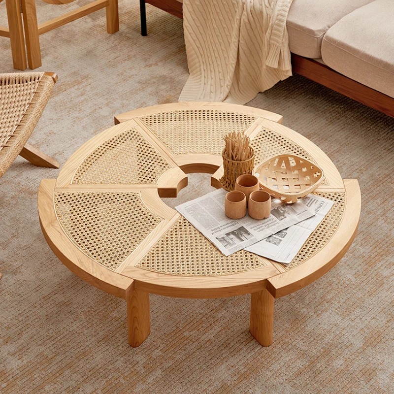 Japanese-style log wabi sabi coffee table round solid wood gear special-shaped light luxury household tea table living room