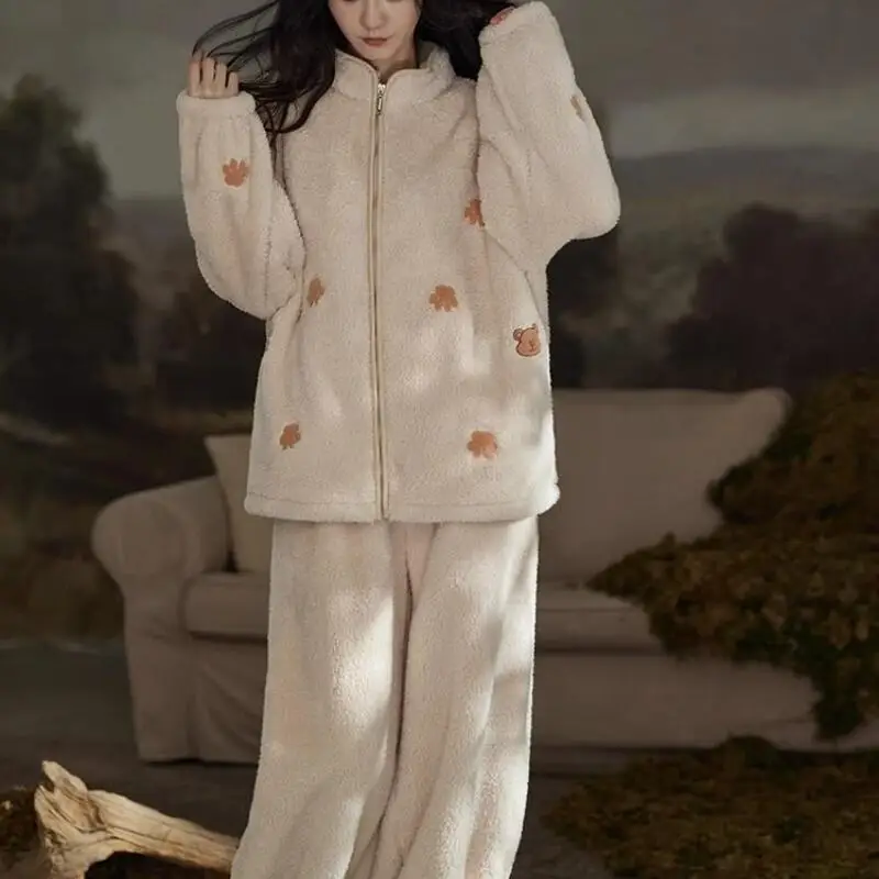 

Осенне-зимний женский пижамный комплект, милая одежда для сна на флисовой подкладке, утепленный комплект ночного белья, новая теплая домашняя одежда из кораллового флиса