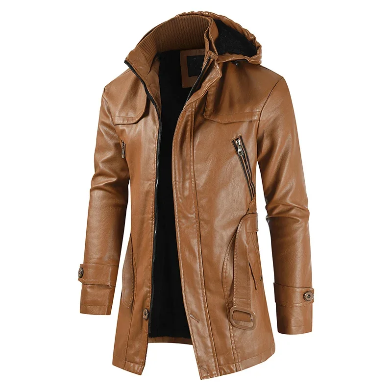 fashion Winter Korean Fashion Jacket Coat Windproof Clothes Men's Hooded Long Leather coat Men's Leather Motorcycle Leather